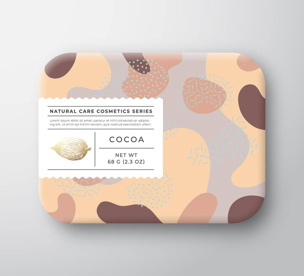 Cocoa Bath Cosmetics Package Box. Vector Wrapped Paper Container with Care Label Cover. Packaging Design. Modern Typography and Hand Drawn Bean. Abstract Camo Background Pattern Layout. - Vektor, Bild