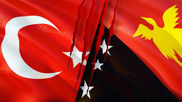 Turkey and Papua New Guinea flags with scar concept. Waving flag,3D rendering. Turkey and Papua New Guinea conflict concept. Turkey Papua New Guinea relations concept. flag of Turkey and Papua Ne - Photo, Image