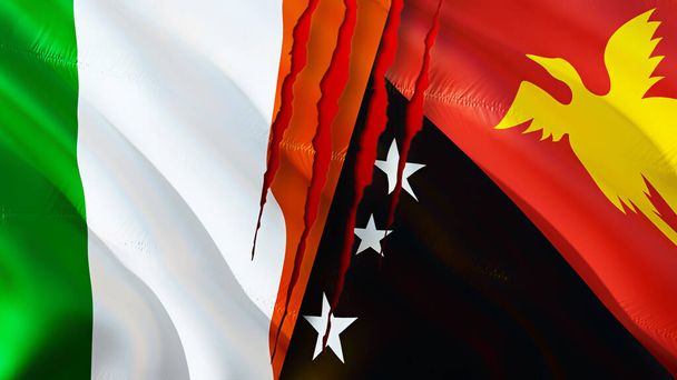 Ireland and Papua New Guinea flags with scar concept. Waving flag 3D rendering. Ireland and Papua New Guinea conflict concept. Ireland Papua New Guinea relations concept. flag of Ireland and Papu - Photo, Image