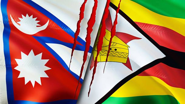 Nepal en Zimbabwe vlaggen met litteken concept. Wuivende vlag, 3D weergave. Conflictconcept Nepal en Zimbabwe. Nepal Betrekkingen met Zimbabwe vlaggen van Nepal en Zimbabwe crisis, oorlog, aanval concep - Foto, afbeelding