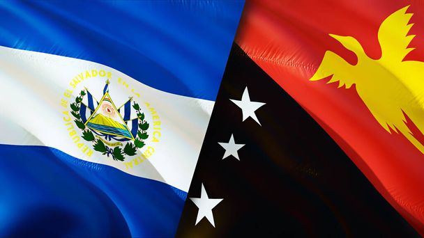 El Salvador and Papua New Guinea flags. 3D Waving flag design. El Salvador Papua New Guinea flag, picture, wallpaper. El Salvador vs Papua New Guinea image,3D rendering. El Salvador Papua New Guine - Photo, Image