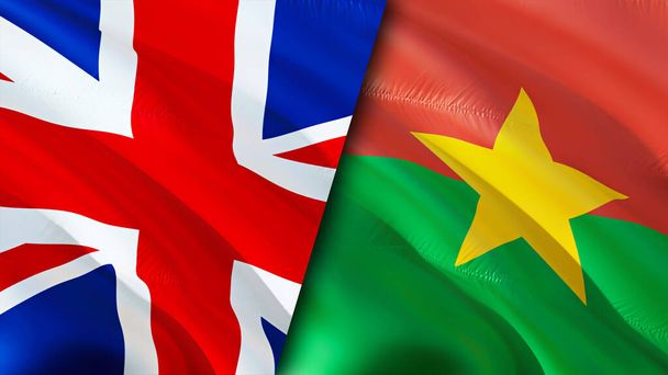 Drapeaux du Royaume Uni et du Burkina Faso. Drapeau agitant 3D design. Royaume-Uni drapeau du Burkina Faso, image, papier peint. Royaume-Uni vs Burkina Faso image, rendu 3D. Royaume-Uni Burkina Fas - Photo, image
