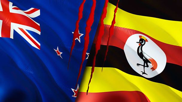 Flagi Nowej Zelandii i Ugandy z blizną. Macha flagą renderowania 3D. Koncepcja konfliktu w Nowej Zelandii i Ugandzie. Nowa Zelandia Koncepcja stosunków Ugandy. flaga Nowa Zelandia i kryzys w Ugandzie, wojna - Zdjęcie, obraz