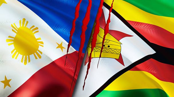 Philippines and Zimbabwe flags with scar concept. Waving flag,3D rendering. Philippines and Zimbabwe conflict concept. Philippines Zimbabwe relations concept. flag of Philippines and Zimbabw - Photo, Image