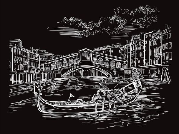 Векторный эскиз моста Риальто в Венеции. Венецианский эскиз ручной работы белого цвета, выделенный на черном фоне. Концепция путешествия. Для печати и дизайна. - Вектор,изображение