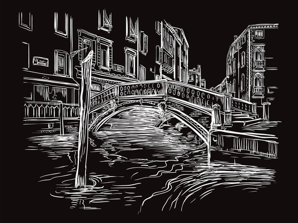 Vector hand tekening illustratie van brug op kanaal in Venetië. Venetië stadsgezicht hand getekend schets in witte kleur geïsoleerd op zwarte achtergrond. Reisconcept. Voor druk en ontwerp. - Vector, afbeelding