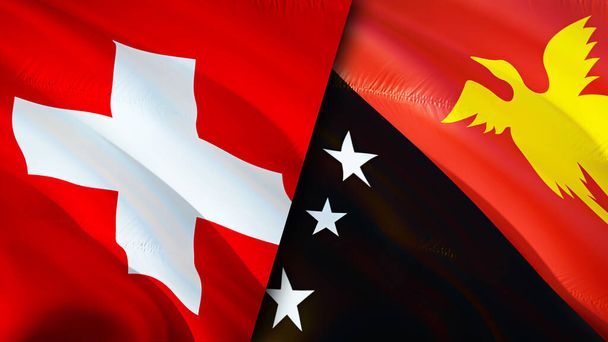 Flaggen der Schweiz und Papua-Neuguineas. 3D Fahnenschwenken. Schweiz Papua-Neuguinea Flagge, Bild, Tapete. Schweiz gegen Papua-Neuguinea Bild, 3D-Darstellung. Schweiz Papua Neuguine - Foto, Bild