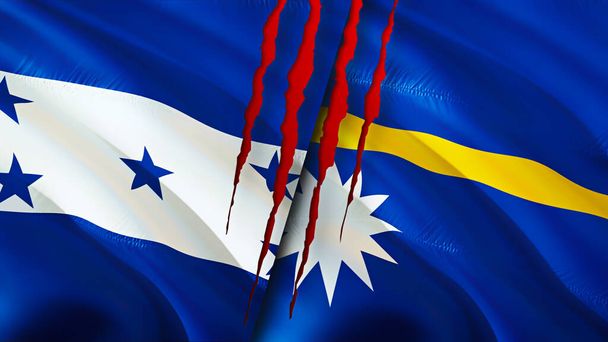 Σημαίες Ονδούρας και Ναούρου με ουλή έννοια. Κυματιστή σημαία 3D απόδοση. Ονδούρα και Ναούρου έννοια της σύγκρουσης. Ονδούρα Nauru σχέσεις έννοια. σημαία της Ονδούρας και του Ναούρου κρίση, πόλεμος, επίθεση concep - Φωτογραφία, εικόνα