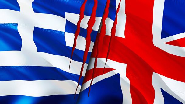 Greece and United Kingdom flags with scar concept. Waving flag,3D rendering. Greece and United Kingdom conflict concept. Greece United Kingdom relations concept. flag of Greece and United Kingdo - Photo, Image