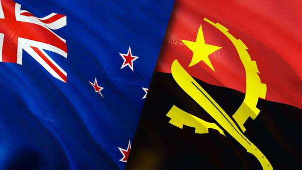 Banderas de Nueva Zelanda y Angola. Diseño de banderas 3D Waving. Nueva Zelanda Angola bandera, foto, fondo de pantalla. Nueva Zelanda vs Angola imagen, representación 3D. Nueva Zelanda Angola relaciones guerra alianza concept.Trade - Foto, imagen