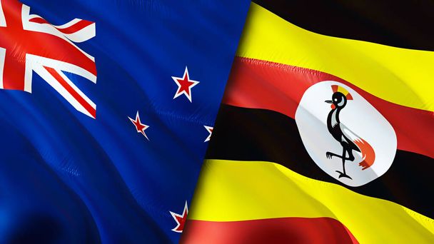 Bandiere Nuova Zelanda e Uganda. Progettazione bandiera sventolante 3D. Nuova Zelanda Uganda bandiera, foto, carta da parati. Immagine Nuova Zelanda vs Uganda, rendering 3D. Nuova Zelanda Concetto di alleanza di guerra per le relazioni Uganda - Foto, immagini