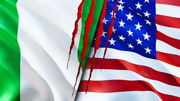 Nigérie a vlajky Spojených států s pojetím jizvy. Vlnění vlajky, 3D vykreslování. Koncept konfliktu mezi Nigérií a Spojenými státy. Nigérie Spojené státy americké koncept vztahů. vlajka Nigérie a Spojených států - Fotografie, Obrázek