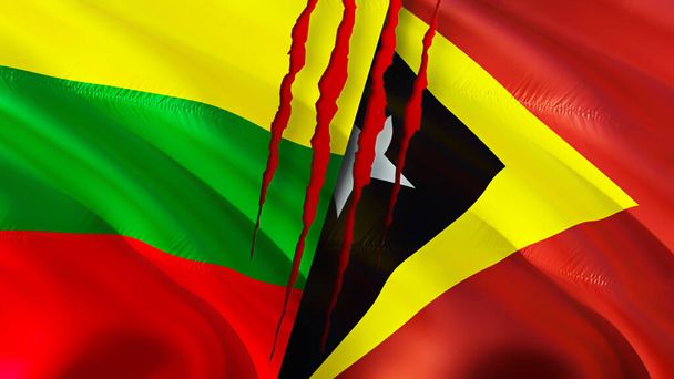 Yara izi olan Litvanya ve Doğu Timor bayrakları. Dalgalanan bayrak, 3 boyutlu görüntüleme. Litvanya ve Doğu Timor çatışma konsepti. Litvanya Doğu Timor ilişkileri kavramı. Litvanya ve Doğu Timo bayrağı - Fotoğraf, Görsel