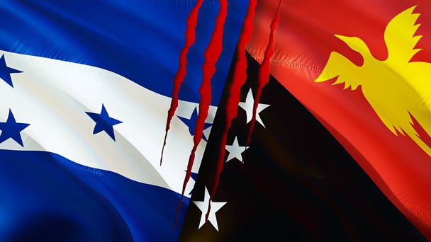 Σημαίες Ονδούρας και Παπούα Νέας Γουινέας με ουλή έννοια. Κυματιστή σημαία 3D απόδοση. Ονδούρα και Παπουασία-Νέα Γουινέα Ονδούρα Παπούα Νέα Γουινέα σημαία Ονδούρας - Φωτογραφία, εικόνα