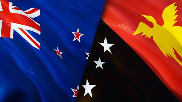 New Zealand and Papua New Guinea flags. 3D Waving flag design. New Zealand Papua New Guinea flag, picture, wallpaper. New Zealand vs Papua New Guinea image,3D rendering. New Zealand Papua New Guine - Photo, Image