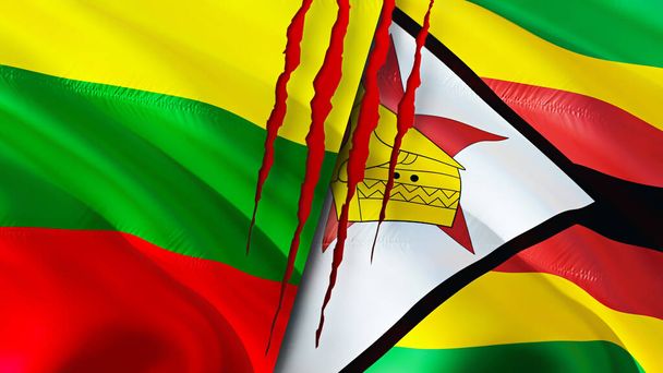 Lithuania and Zimbabwe flags with scar concept. Waving flag,3D rendering. Lithuania and Zimbabwe conflict concept. Lithuania Zimbabwe relations concept. flag of Lithuania and Zimbabwe crisis,war - Photo, Image