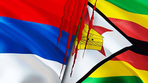 Servië en Zimbabwe vlaggen met litteken concept. Wuivende vlag, 3D weergave. Conflictconcept Servië en Zimbabwe. Betrekkingen met Servië Zimbabwe Vlag van Servië en Zimbabwe crisis, oorlog, aanval concep - Foto, afbeelding