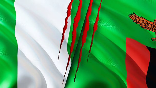 Nigeria and Zambia flags with scar concept. Waving flag,3D rendering. Nigeria and Zambia conflict concept. Nigeria Zambia relations concept. flag of Nigeria and Zambia crisis,war, attack concep - Photo, Image