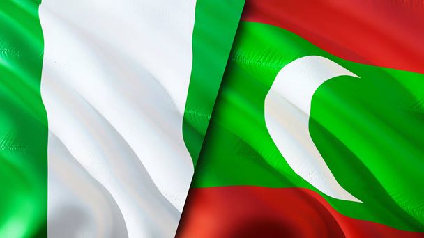 Bandeiras da Nigéria e das Maldivas. 3D acenando design bandeira. Nigéria Maldivas bandeira, imagem, papel de parede. Nigéria vs imagem Maldivas, renderização 3D. Nigéria Maldivas relações aliança e comércio, viagens, touris - Foto, Imagem