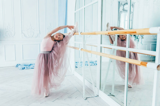 Jeune danseuse classique en cours de danse. Belle ballerine gracieuse pratique des positions de ballet en jupe tutu rose près du grand miroir dans le hall de lumière blanche - Photo, image