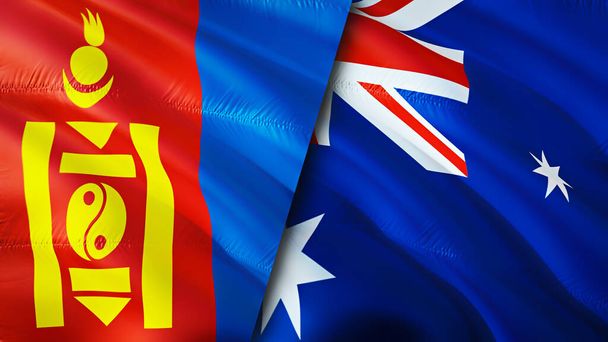 Flagi Mongolii i Australii. Projektowanie flagi 3D. Mongolia Australia flaga, obraz, tapeta. Mongolia vs wizerunek Australii, renderowanie 3D. Mongolia Australia stosunki sojuszu i - Zdjęcie, obraz
