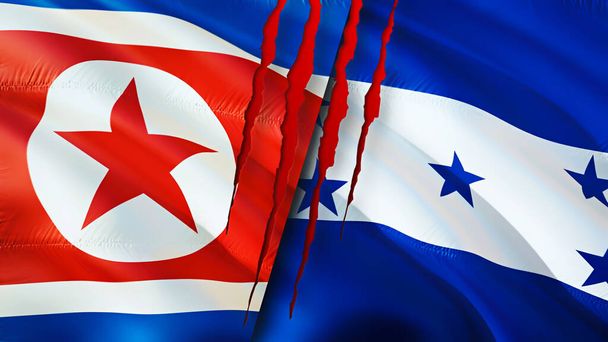 Σημαίες Βόρειας Κορέας και Ονδούρας με ουλή έννοια. Κυματιστή σημαία, τρισδιάστατη απόδοση. Η Βόρεια Κορέα και η Ονδούρα Βόρεια Κορέα Ονδούρα έννοια σχέσεις. σημαία Βόρειας Κορέας και Hondura - Φωτογραφία, εικόνα