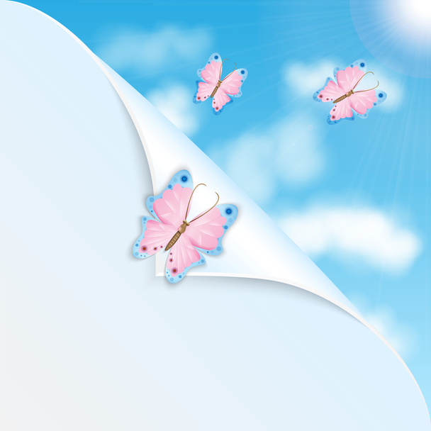 rosa Schmetterlinge und blauer Himmel mit Wolken - Vektor, Bild