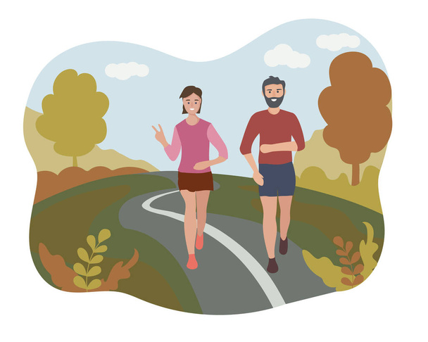 Bir adam ve bir kadın sonbahar parkında koşuyorlar. Sokakta spor eğitimi. Koşucular hareket halinde. Maraton ve dışarıda uzun koşular. Tüm hava koşullarında her gün koşmak ve spor yapmak. vektör düzlüğü - Vektör, Görsel