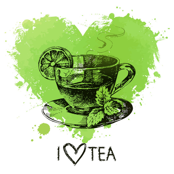 Tea background with splash watercolor heart and sketch - Διάνυσμα, εικόνα