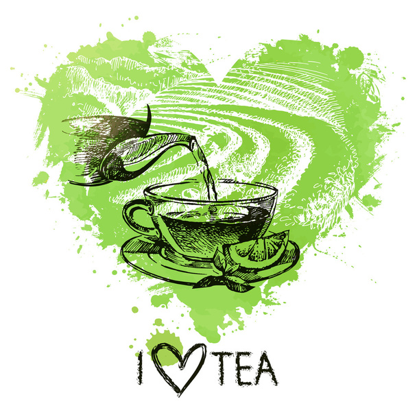Herbaty tło powitalny akwarele serca i szkic - Wektor, obraz