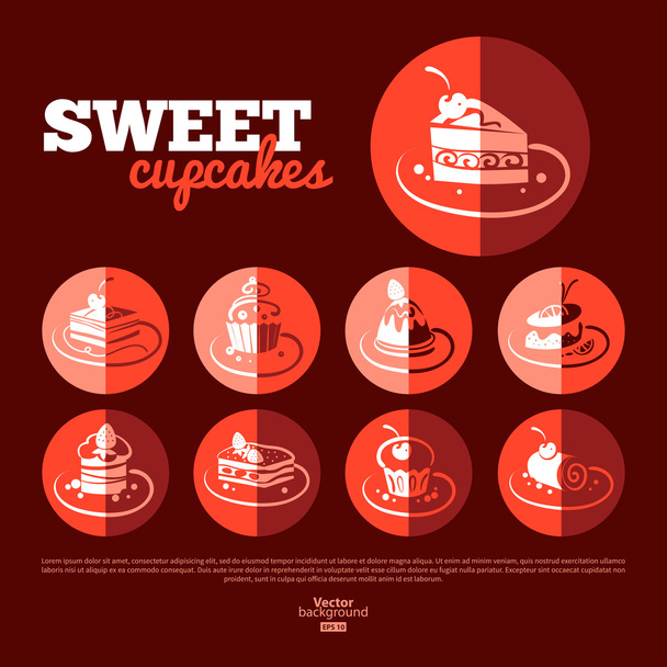 Sweet cupcakes. Flat icon set. - Vecteur, image