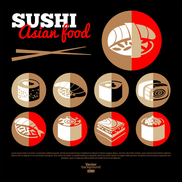 Japonská sushi. asijské kuchyně. sada plochých ikon. - Vektor, obrázek
