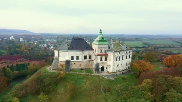 Palais Olesko de l'air. Réserve. Parc d'été sur les collines. Vue aérienne du château d'Olesky, Ukraine. - Séquence, vidéo