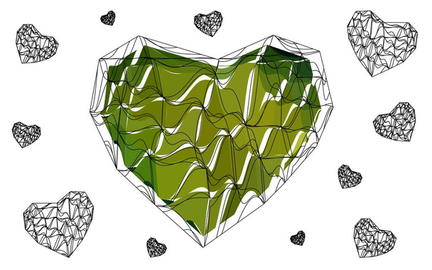 Koyu yeşil, sarı vektör soyut üçgen geometrik kalp beyaz çokgen arka planda. Sevgililer Günün kutlu olsun. Tasarımınız için stok şablonu. - Vektör, Görsel
