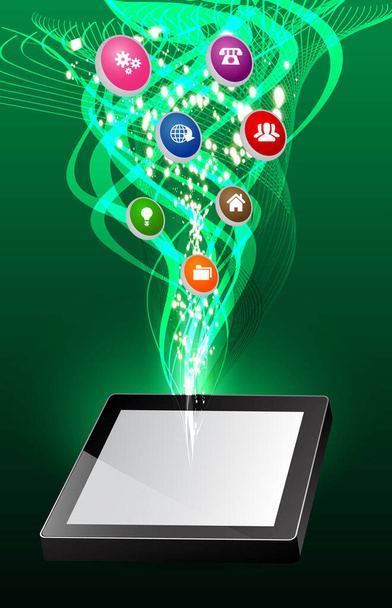 tablet pc with icons on the green background - Vettoriali, immagini