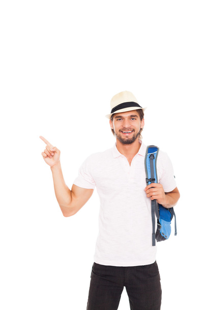 Man in hat with backpack - Foto, imagen