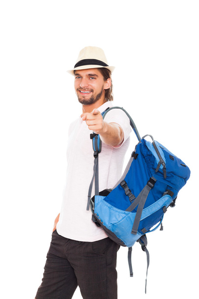 Man in hat with backpack - Foto, Imagem