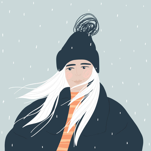 Gyönyörű nő fehér haj meleg ruhát hóesés alatt - Fotó, kép