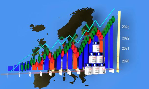 3D illustration.Stock Ринок ринку йде вгору для затвердження вакцин від коронавірусу з картою Європи на задньому плані - Фото, зображення