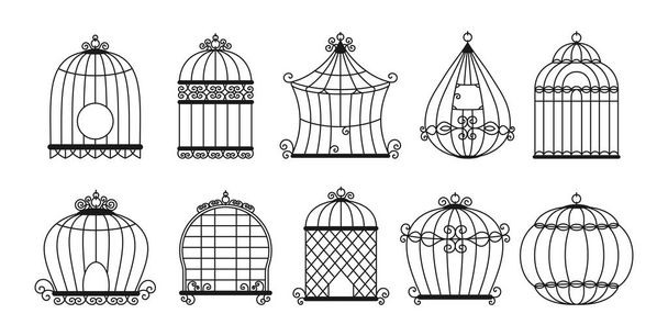 Birdcages black silhouette set Vintage cage bird - Vector, Imagen