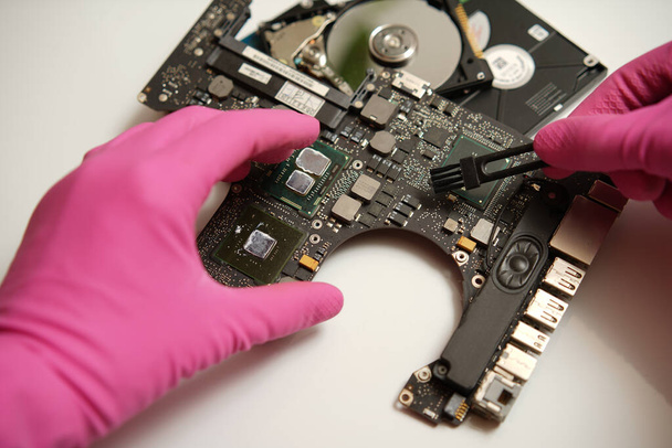 Un reparador con guantes rosados sostiene un disco duro en sus manos Realiza la limpieza y recuperación de los datos perdidos - Foto, Imagen