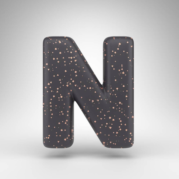 Lettre N majuscule sur fond blanc. Lettre 3D mate noire avec texture en points de cuivre. - Photo, image