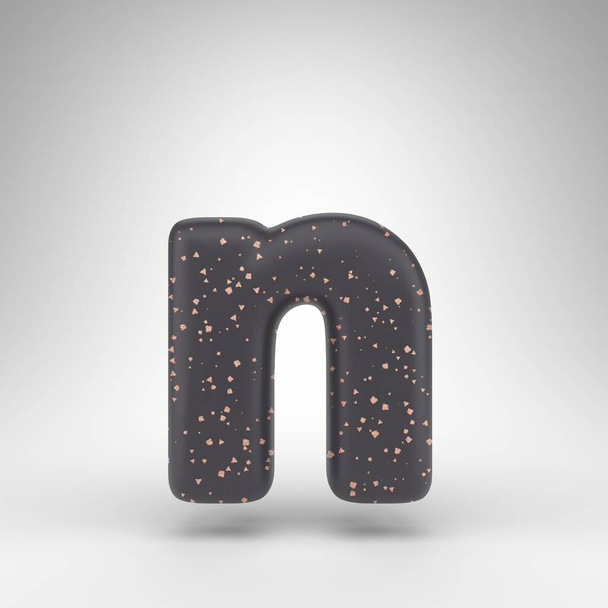 Letter N lowercase on white background. Black matte 3D letter with copper dots texture. - Photo, Image