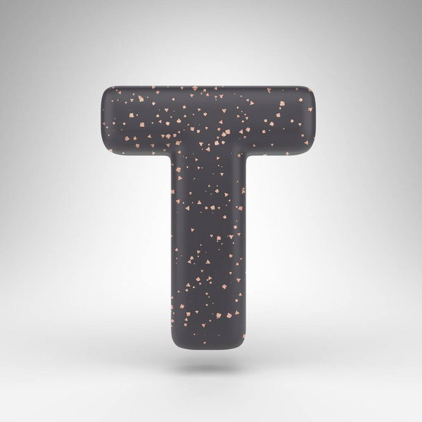 Letter T uppercase on white background. Black matte 3D letter with copper dots texture. - Photo, Image
