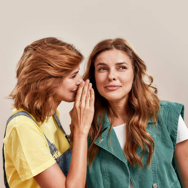 Close up portrait of two attractive young girls, twin sisters in casual wear telling secrets, gossiping - Фото, изображение