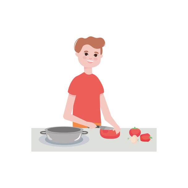 мультяшний чоловік готує і рубає помідор, барвистий дизайн
 - Вектор, зображення