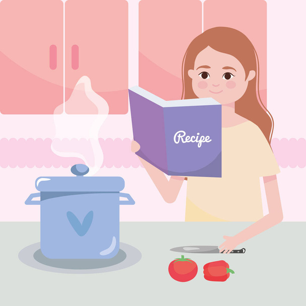 design de cozinha com mulher lendo um livro de receitas e panela no fogão, design colorido - Vetor, Imagem