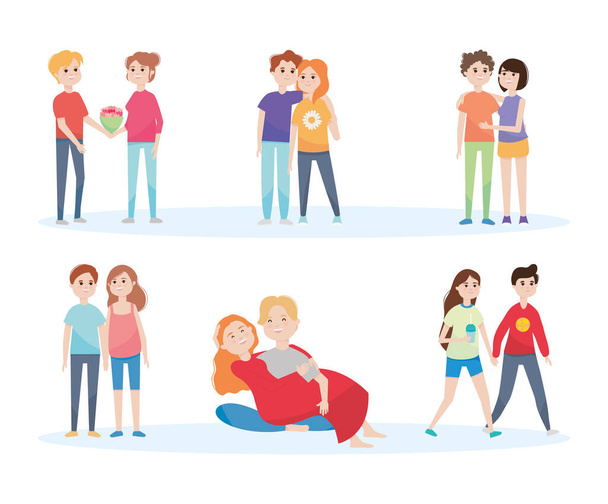 icône ensemble de dessins animés jeunes couples, design coloré - Vecteur, image