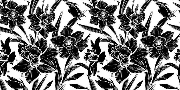 Closeup daffodil hand drawn seamless pattern on white background. - ベクター画像