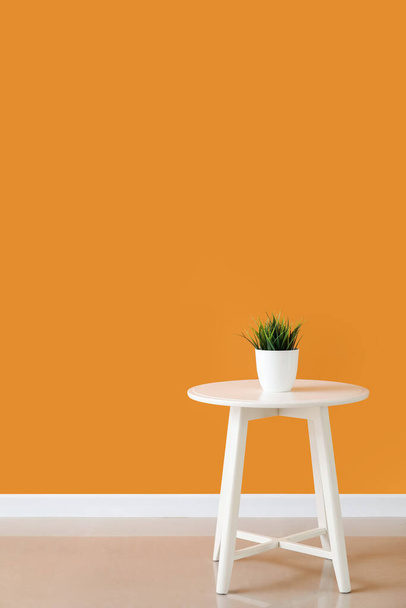 Zielony houseplant na stole w pobliżu ściany kolor w pokoju - Zdjęcie, obraz